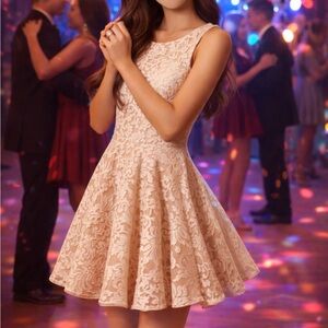 Jarlo Lace Overlay Deep V Back Skater Dress Beige Cream Size S